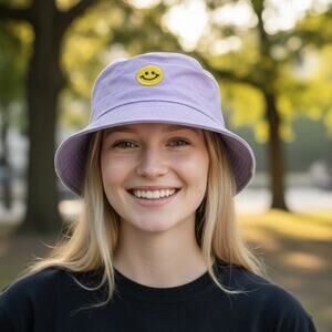 Smile Emoji Patched Bucket Hat Unisex One Size Purple Happy Beach Hiking Casual